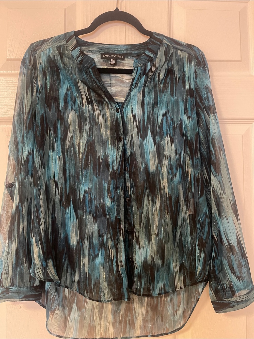 Sara Michelle Teal, Black & Gray Printed Button-Front Blouse